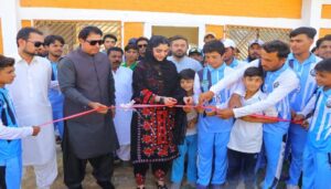 Provincial Sports Adviser Mena Majeed Baloch inaugurating the upgraded Balochistan Sports Board Cricket Academy at Ayub Sports Complex in Quetta.