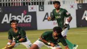 Pakistan and South Korea players competing during the final match of the four-game hockey series in 2026.
