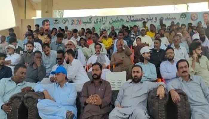 Players in action during the Sindh Balochistan Independence Cup 2026 football tournament at Baba-e-Bizenjo Football Stadium in Gwadar.